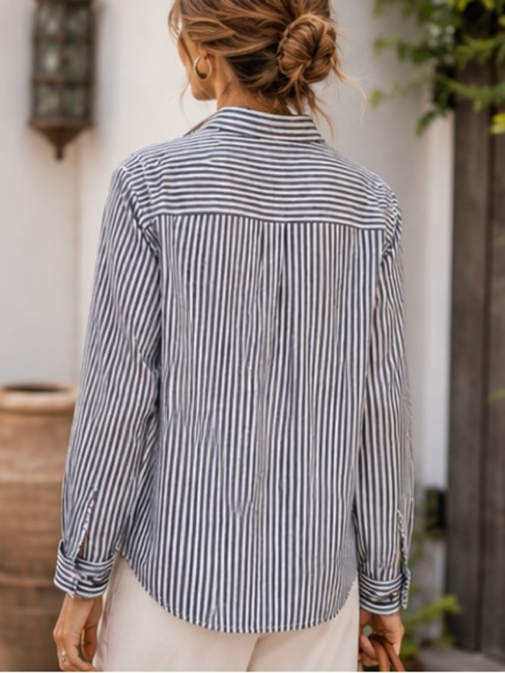 Grant & Grace The Monte Carlo Sun Washed Gray White Stripe Button Front Shirt XL - Picture 7 of 16